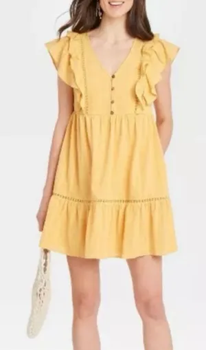 Knox Rose Yellow Flutter Sleeve Tiered V-Neck Lined Baby Doll Mini Dress Size L thumbnail 1