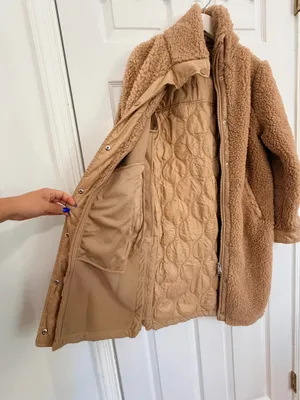 Athleta Sherpa Teddy Coat XS Camel Longline Cozy Minimalist Quiet Luxury Winter thumbnail 5