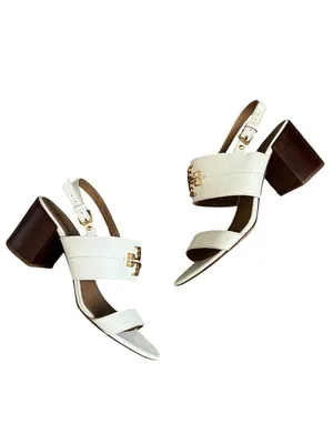 Tory Burch Women’s Eleanor White Leather Gold Metal Block Heel Sandals Size 9.5 thumbnail 6
