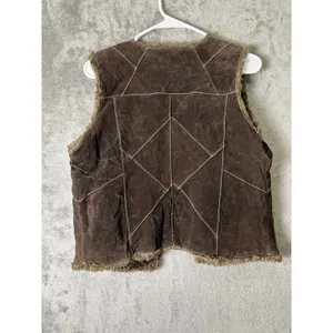 Vintage Y2K Brown Leather PatchWork Moto‎ Vest Grunge Boho Cozy Layered Jacket M thumbnail 4