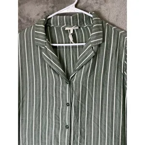 Cozy Earth Pajama Set Womens Large Green White Stripe Button Up Drawstring Pants thumbnail 2
