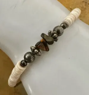 Puka shell tigers eye silver tone surfer bracelet thumbnail 1