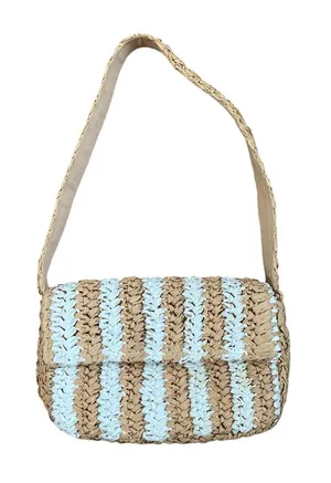 Anthropologie Woven Straw Striped Shoulder Bag Coastal White Tan Small thumbnail 1