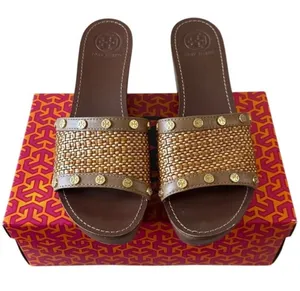 Tory Burch Joanie Straw Wedge Slides Tan‎ Studded 9.5 Boho thumbnail 1