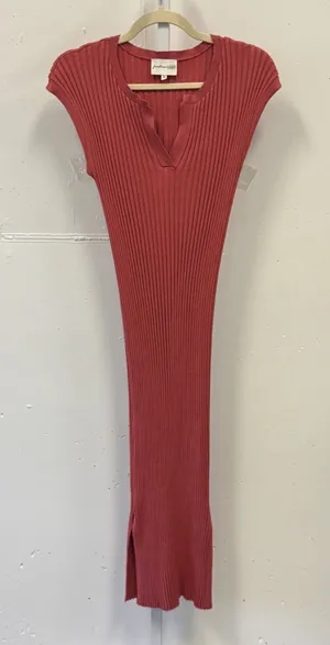 Freshman 1996 Ribbed Knit Maxi‎ Dress Coral Pink Notched V-Neck Cap Sleeve Large thumbnail 1