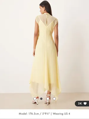 ASOS Pale Yellow Handkerchief-Hem Midi Dress thumbnail 2