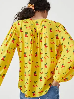 Anthropologie Kendra Dandy Dreamer Yellow Heel Print Tie Front Blouse size 0 thumbnail 2