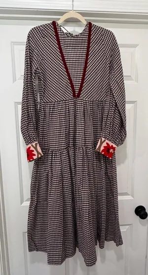 Free People x Rujuta Sheth Long-Sleeve Tiered Gingham Midi Dress with Red Trim thumbnail 1