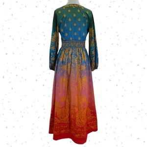 Farm Rio Smocked-Waist Dress Anthro Paisley Long Sleeve Boho Jewel Tone Size S thumbnail 3
