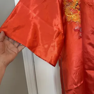 VTG Golden‎ Dragon Kimono Sz XL Red Silk Embroidered Oriental Chinese New Year thumbnail 4