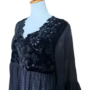 Womens Vintage Kyra Swiss Dot & Black Lace Semi Sheer Bell Sleeve Top - Sz XL thumbnail 2