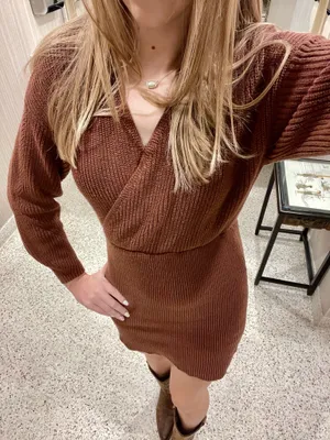 Brown knit wrap dress with long sleeves and V-neckline thumbnail 3