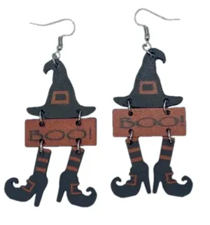 New Halloween Boo witch wooden‎ hook dangle earrings teacher fall artsy thumbnail 1