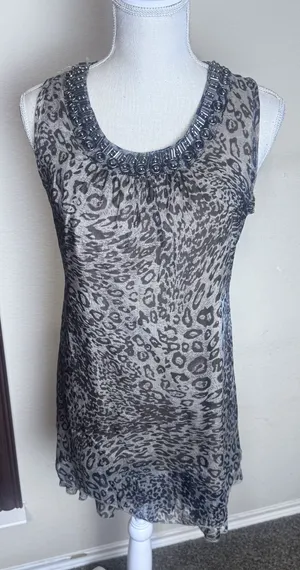 Y2K My Pretty Angel Mini Dress Silk Blend Leopard beaded neckline Fairy sz‎ M thumbnail 1