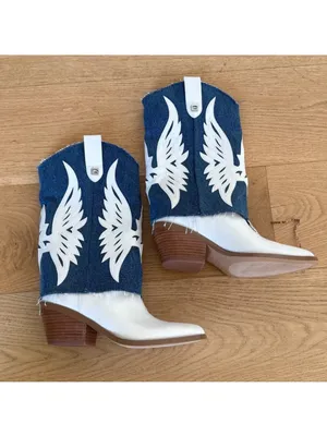 Guess White and Blue Denim Western Cowboy Boots thumbnail 2