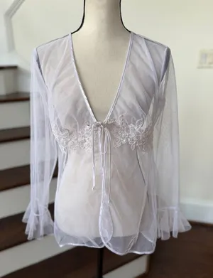Vintage 90s White Mesh Tie Front Cardigan Embroidered Sequin Floral Whimsygoth thumbnail 1