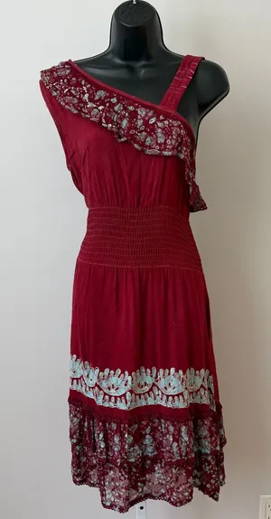 Fashion Terminal Cotton Boho Lagenlook Peasant Smocked Midi Dress OS Red thumbnail 1
