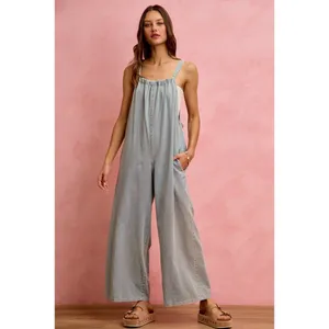 SO ME Wide Leg Lightweight Denim Overalls - Light Denim - Large thumbnail 2