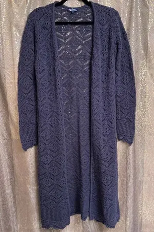 Freshman 1996 Gray Open Front Long Crochet Knit Sweater Cardigan Small thumbnail 1