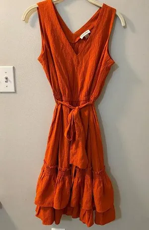 Burnt Orange Calvin Klein Dress v-neck sleeveless fit and flare ruffle thumbnail 1