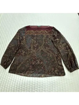 Lauren Ralph Lauren Burgundy Paisley Floral Sheer Blouse Top XL Extra Large thumbnail 2