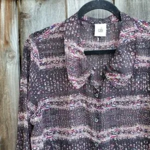 Cabi Large Semi Sheer Button Front Blouse Black Abstract Print Long Sleeve Top thumbnail 7
