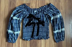 Kimchi Blue Marley Plaid Smocked Off Shoulder Blouse - Navy Blue Size S thumbnail 1