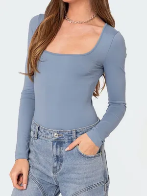 Edikted Joanna Light Blue Square Neck Bodysuit Size M thumbnail 1