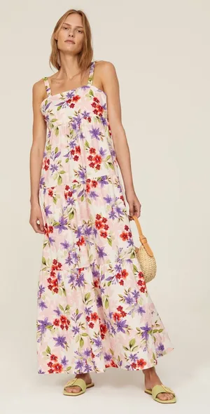 RTR Louna Sz S Floral Purple Red Tiered Sleeveless Resort Maxi Dress printed thumbnail 1