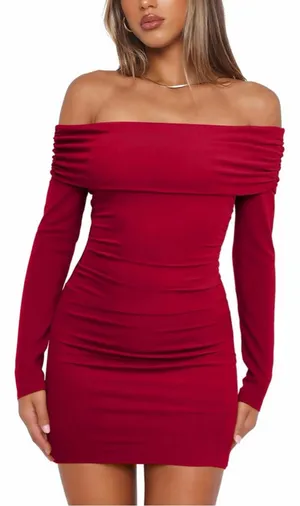 NEW Off The Shoulder Ruched Bodycon Long Sleeve Ribbed Knit Fitted Mini Dress M thumbnail 1