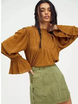 Free People Kelsey Top Size Large Ginger Snap Bell Sleeve Pleated Ruffle Boho thumbnail 1
