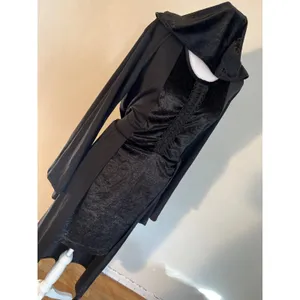 Gothic Hooded Maxi Dress Black Velvet Bell Sleeve Medieval Witchy Gown M/L thumbnail 7