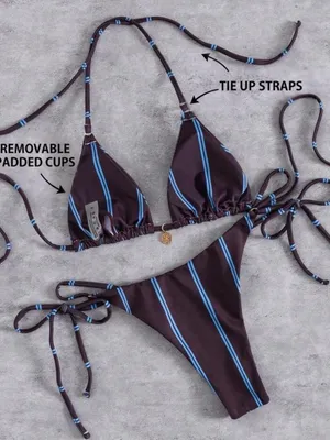 SheIn Classic Triangle String Bikini in Dark Brown with Blue Stripes thumbnail 2