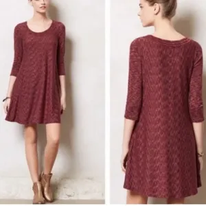 Anthropologie Swing Dress Knit Casual 3/4 Sleeve Pockets Maroon Size‎ Small thumbnail 2