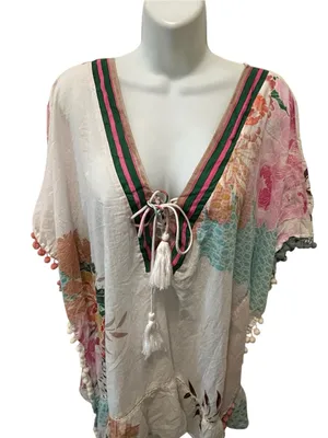 NWT Z&L EUROPE Boho Floral Pom Pom Kimono Swim Coverup/Top OS Floral Cottagecore thumbnail 3