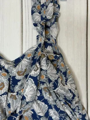KORI Floral Maxi Jumpsuit Blue White Sleeveless Sz L Ruffle Straps Back Sash Tie thumbnail 7