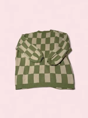 Le Lis Olive Green and Beige Checker Knit Cardigan thumbnail 2