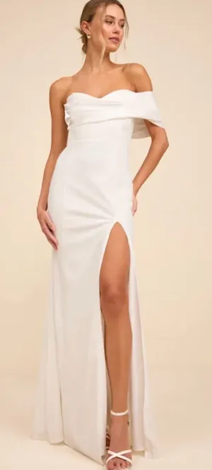 Lulu's Ivory Off-the-Shoulder High-Slit Wedding Dress thumbnail 1