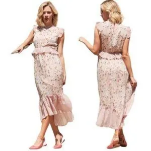 Ellison Pink Floral Polka Dot Mixed Print Ruffle Tiered Midi Dress Size L thumbnail 14