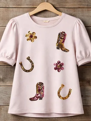 Mesh + Love Pink Sequin Western Puff Sleeve Top NWT Small thumbnail 1