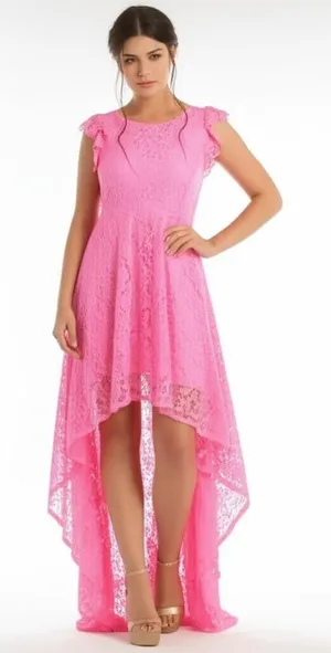 Pink Womens High Low Dress Elegant Lace‎ Overlay Romantic Feminine thumbnail 1