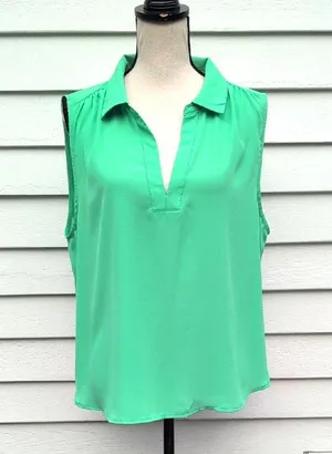 Loft Sleeveless V-Neck Blouse | Loft Sleeveless Collared Shirt | Green Loft Top thumbnail 1