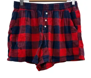 Aerie‎ Red & Navy Blue Buffalo Check High Rise Pajama Shorts Sz M thumbnail 1