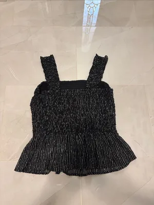 Smocked Black Tank Top with Metallic Stripe Detail thumbnail 3