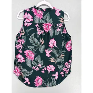 Ann Taylor Blouse Womens Medium Green‎ Pink Floral Ruffle Neck Sleeveless Shell thumbnail 2