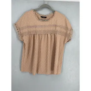 Dokotoo Womens Blouse Tan Swiss Dot Crochet Lace Trim Button Back Large thumbnail 2