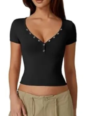 Amazon Henley Short Sleeve Top Black Size M thumbnail 1