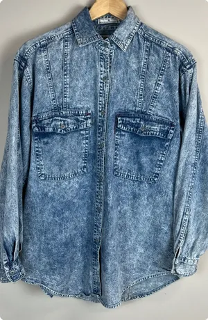 Vintage 80s Levis Sportswear Acid Wash‎ Denim Button Up Shirt Small Sequin Bow S thumbnail 1