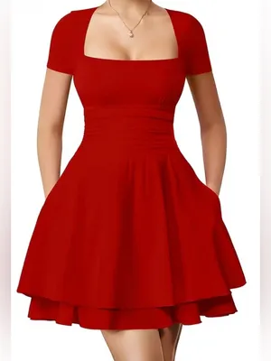 NWT OYS Size Medium Red Square Neck Mini Dress Shirt‎ Sleeve Formal Fit Flare thumbnail 1