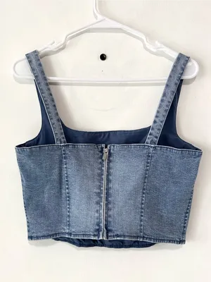 Belle Vere Top Blue Denim Cotton Cropped Sleeveless Zip Up Tank Shirt NWT Small thumbnail 2